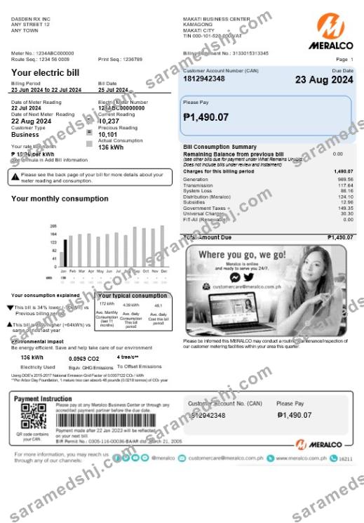 Philippines Meralco business utility bill Word and PDF template